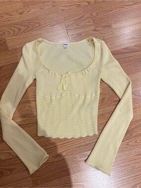 Garage Light Yellow Ribbed Long Sleeve Knit Top with Tie